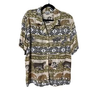 Vintage Script Safari Animal Print Button Up Shirt Short Sleeve Green Tan 90s